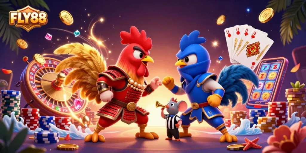 FLY88 showcases an exciting illustration of fighting roosters amidst casino elements and vibrant treasures.