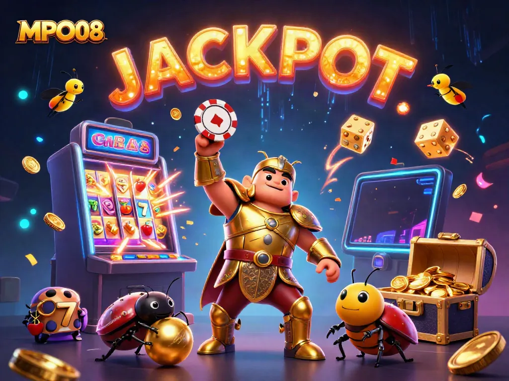 Engaging scene with MPO08 characters showcasing exciting casino elements and jackpot excitement.