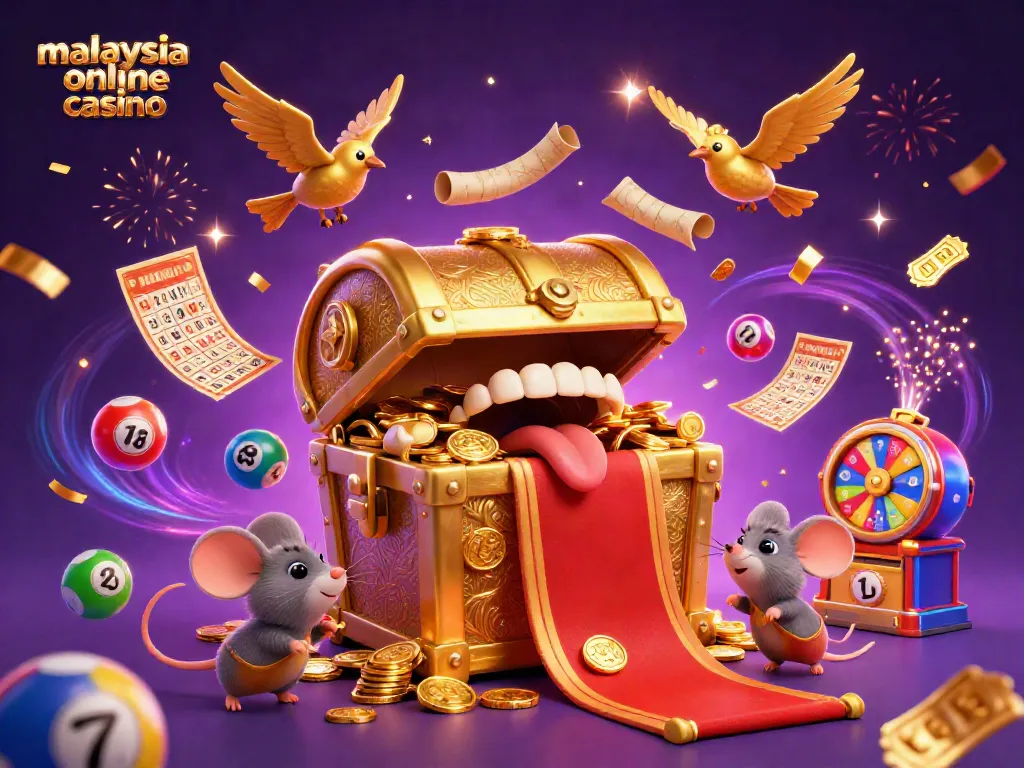 Win at the malaysia online casino with colorful lottery elements and a dynamic treasure chest scene.