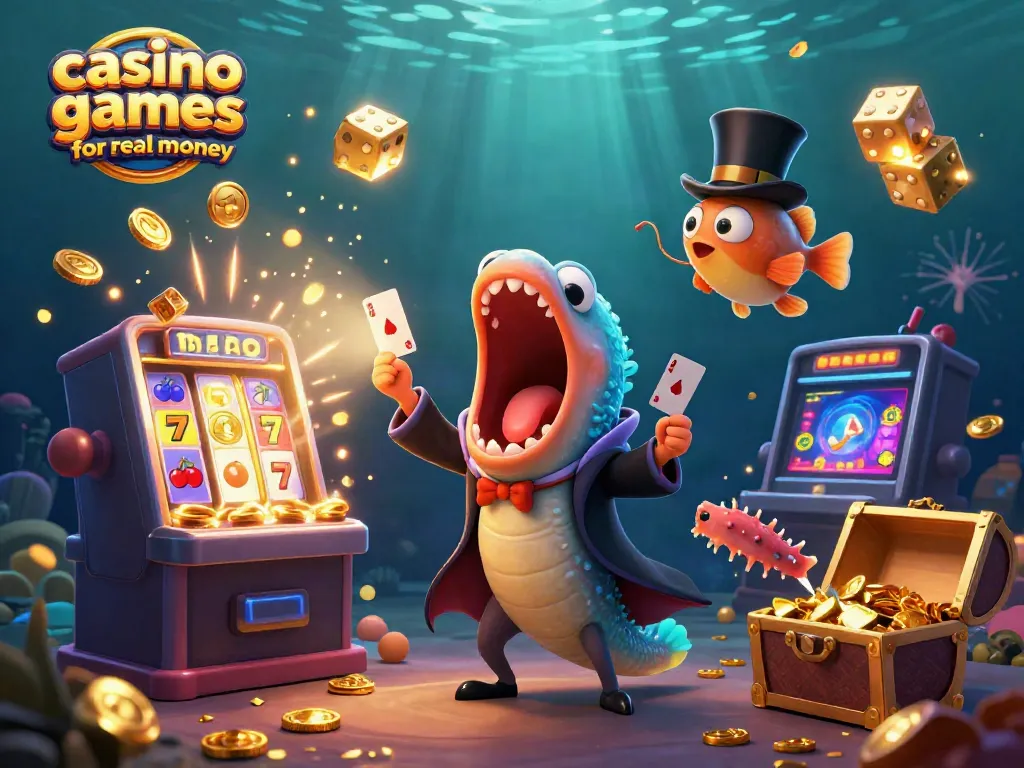 Experience thrilling casino games for real money in a vibrant underwater world with animated characters.