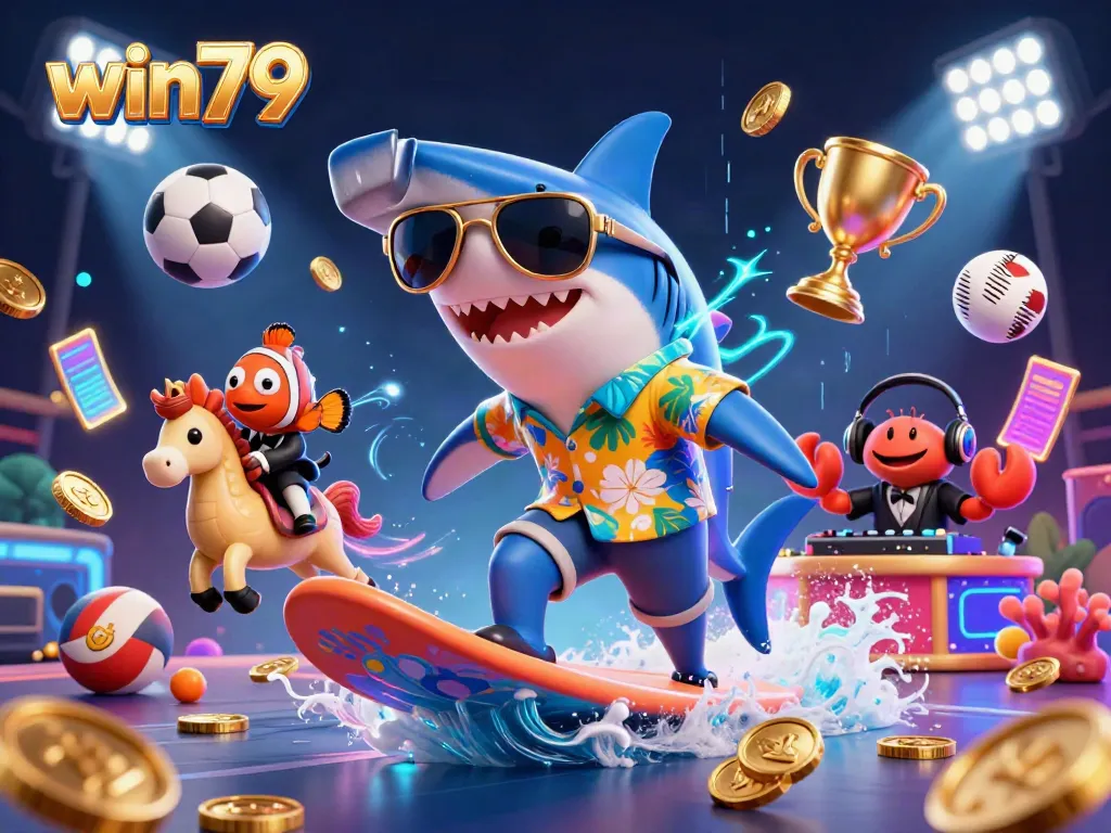 Win79 betting themed illustration featuring a cartoon shark surfing on gold coins.