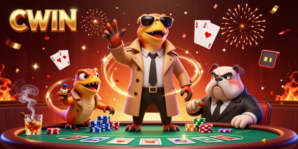 Experience CWIN's virtual excitement with raptors sneaking into the casino lounge amidst poker action.