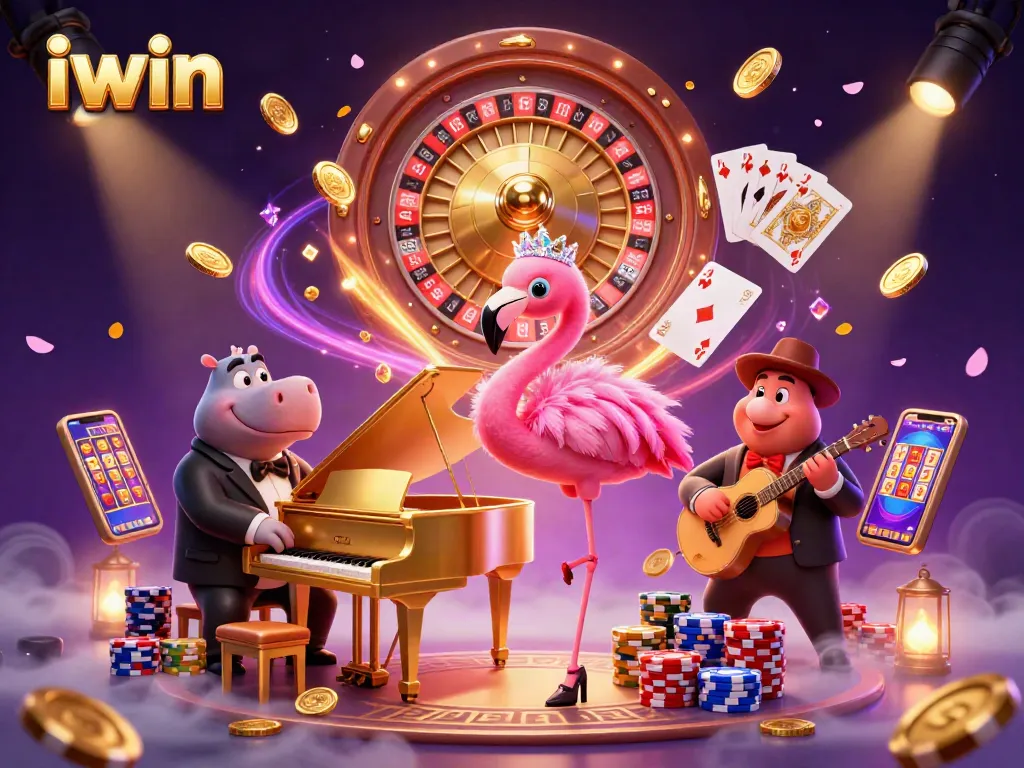 Experience the excitement of iwin with vibrant casino elements and characters in a captivating 3D scene.