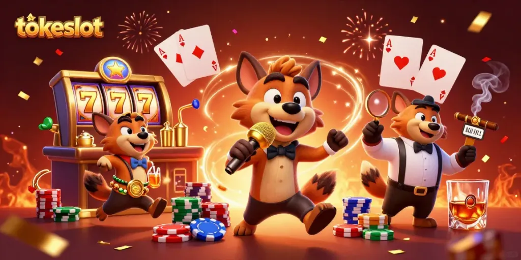 TokeSlot characters hilariously managing a casino as gamblers cheer with vibrant slot elements.