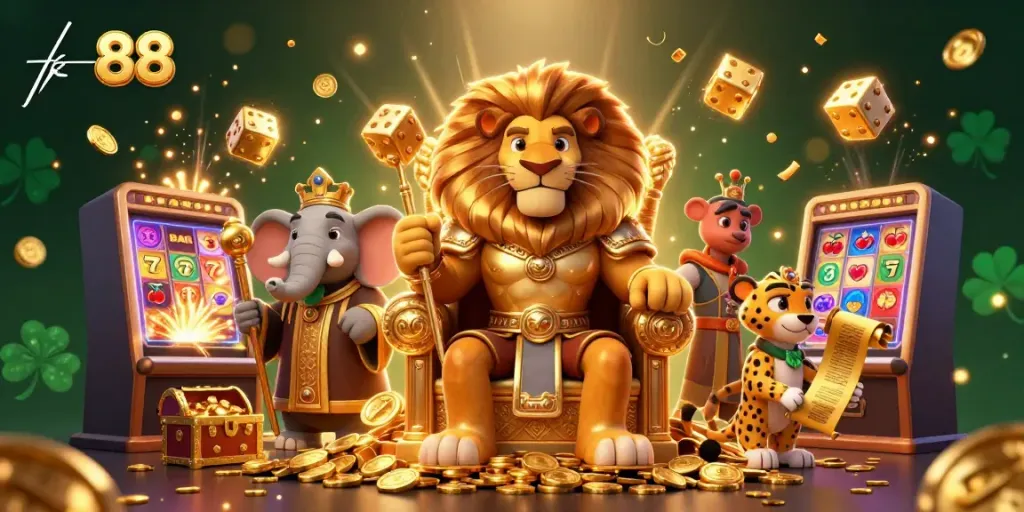 Experience the excitement of tk 88 casino games with a dynamic illustration featuring a lion king, elephant advisor, and cheetah messenger.