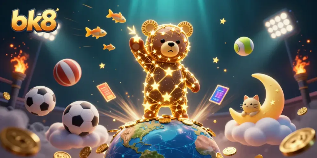 Experience gaming excitement with bk8's constellation bear scooping coins in a vibrant casino scene.
