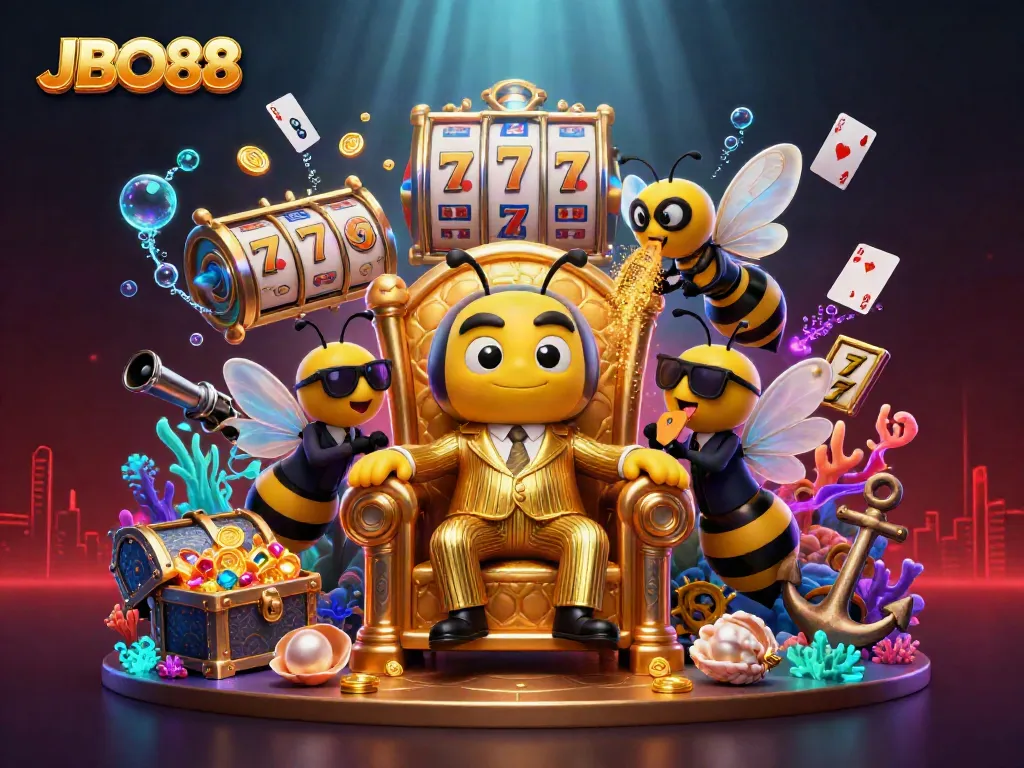 Experience the excitement of JBO88 with a vibrant scene full of casino action, golden glimmers, and animated characters.