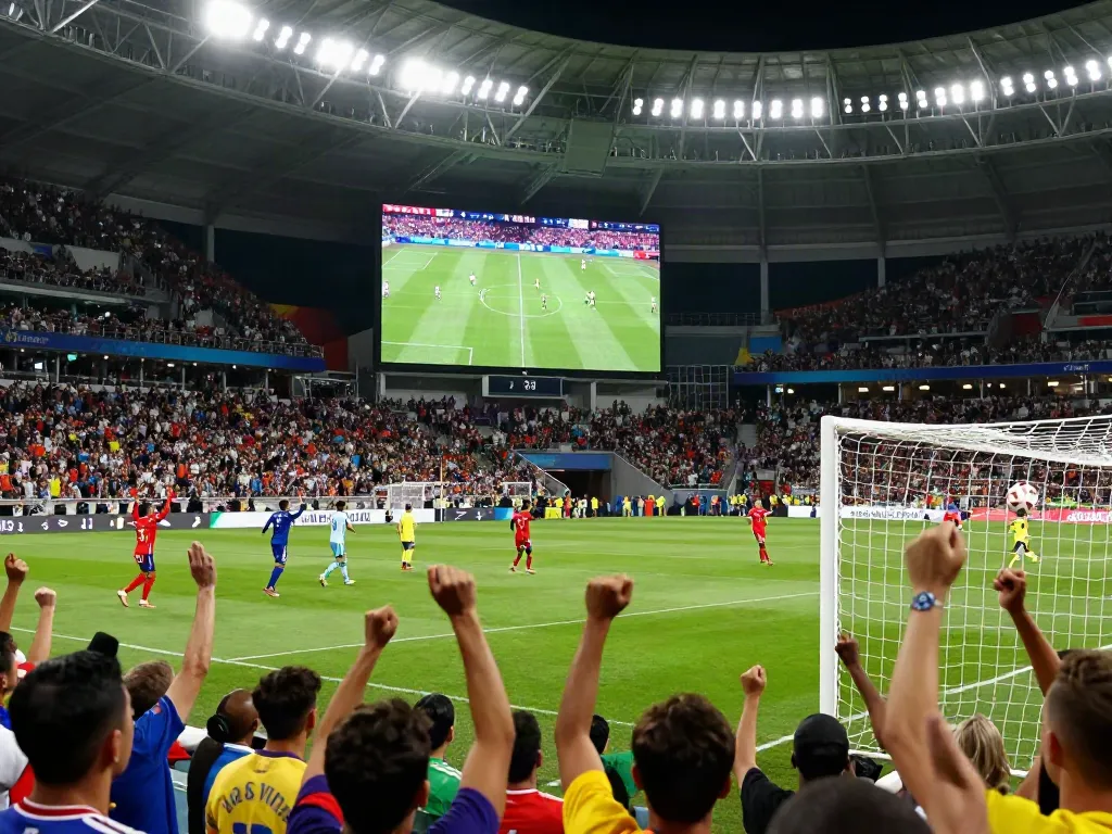 Exciting moment of live soccer match on https://socolive8.media/ with players and cheering crowd.