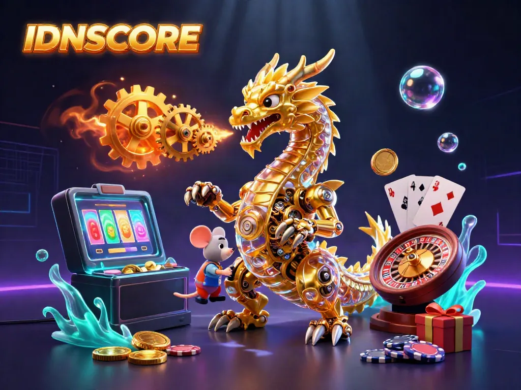Experience the thrill of gameplay at IDNSCORE with a spectacular golden dragon and vibrant game elements.