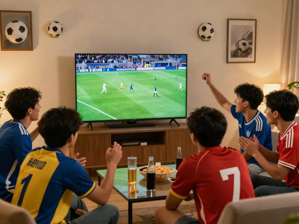 Group of friends enjoying live football match on GavangTV in a cozy setting.