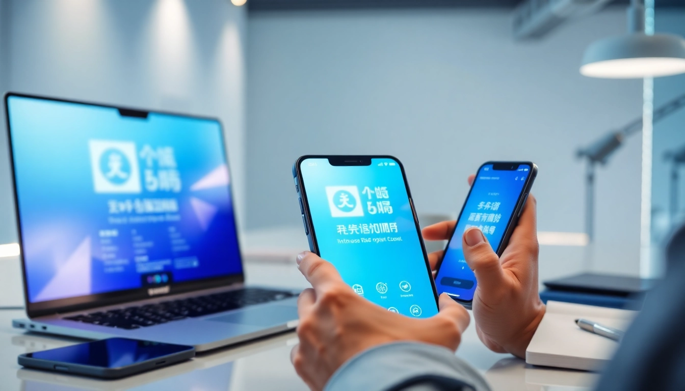 快连下载 app interface showcased in a modern workspace with smartphones and laptops.