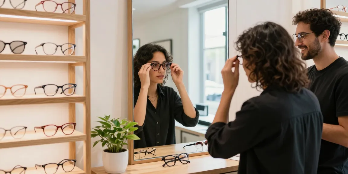 Trying on stylish óculos de grau in a bright optical store, showcasing fashionable frames and natural light.