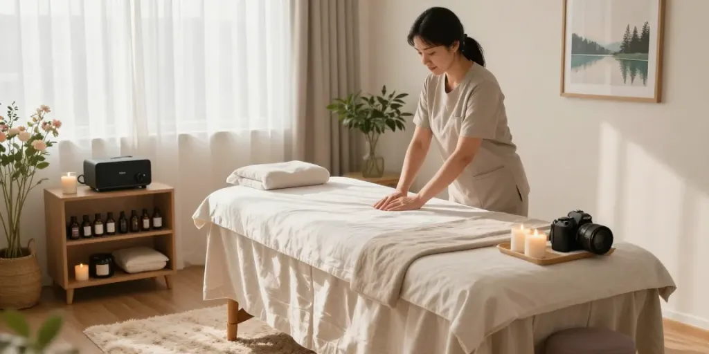 Quality 인천출장안마 services in a warm, tranquil home setting with professional massage setup.