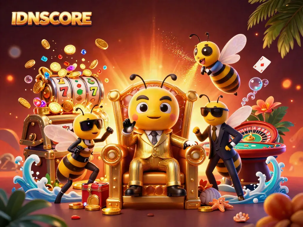 Experience the thrill of slot games at IDNSCORE with a vibrant, dynamic illustration featuring a bumblebee mob boss.