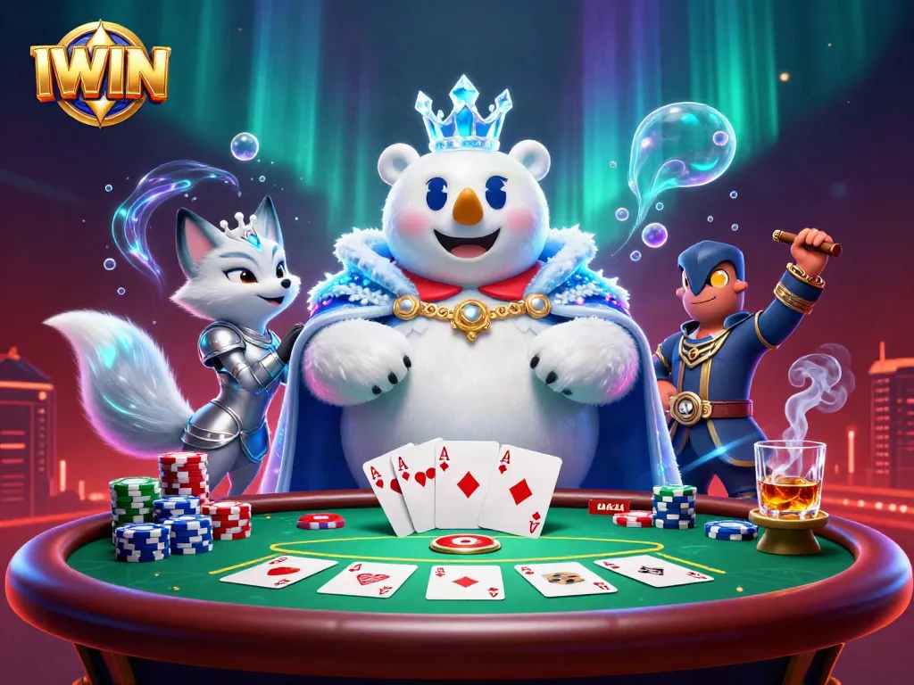 Play poker with IWIN's ice king bear and fox amid vibrant casino elements.