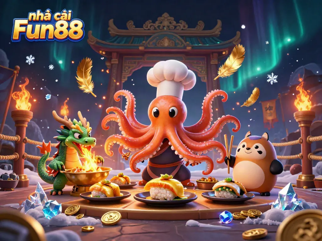 Experience the excitement of nhà cái Fun88 with vibrant characters and dynamic gaming elements in this 3D casino illustration.
