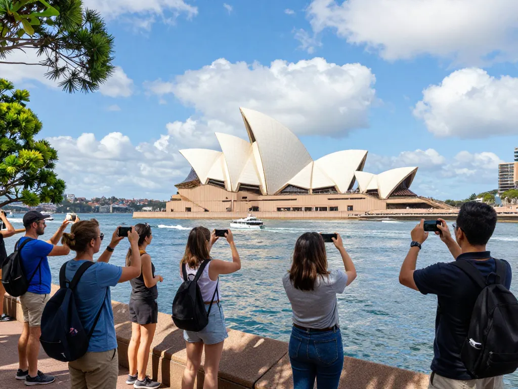 Experience the vibrant culture of Australia at the Sydney Opera House with travelers enjoying a beautiful day.