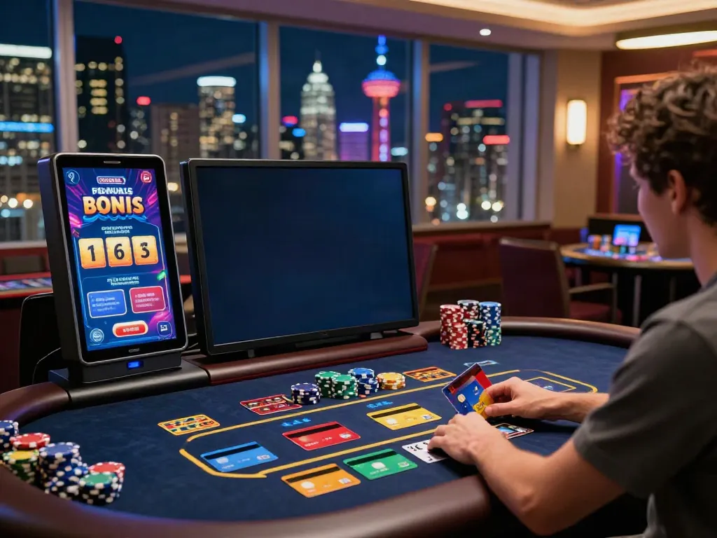 Player engaging with casinos that accept credit card, exploring games and bonuses amidst vibrant gaming elements.