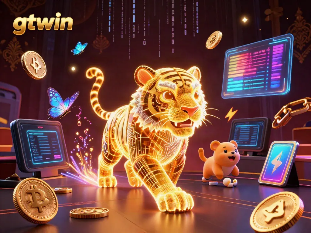 Experience the vibrant gtwin casino with a neon-wireframe golden tiger illuminating the digital landscape.