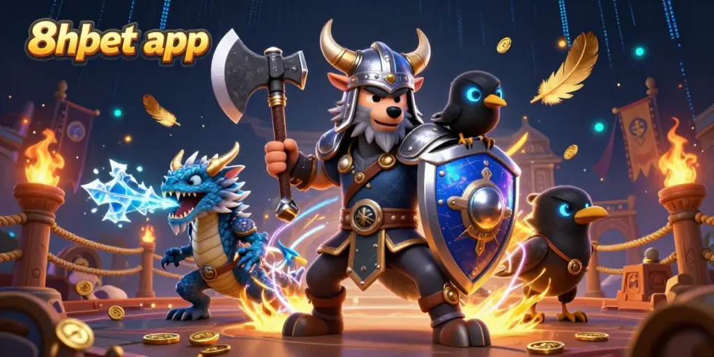 Experience the thrills of gambling with the 8xbet app featuring a Viking wolf warrior, a fierce dragon, and coins.