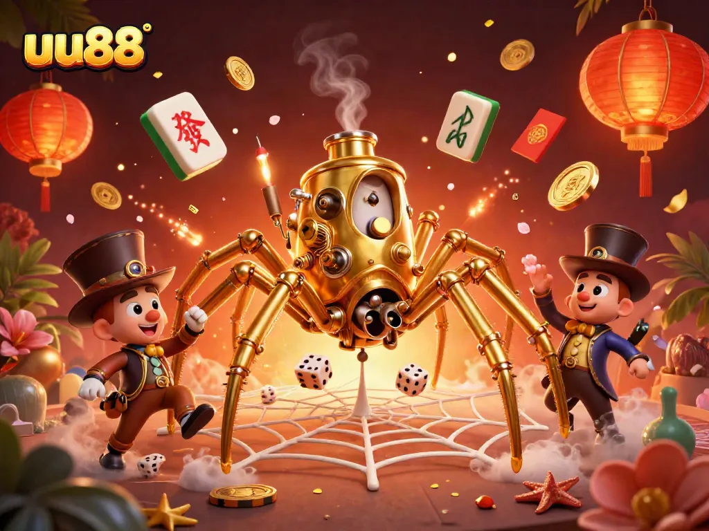 Experience excitement with uu88 as a golden spider captures dice in a vibrant casino web.