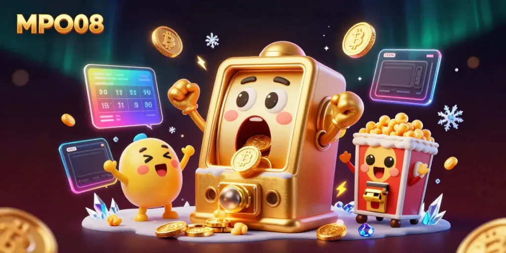 Celebrate winnings with MPO08 in a vibrant 3D casino scene featuring golden slot machines and crypto elements.