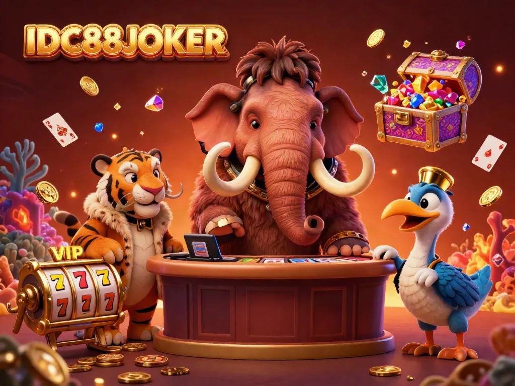 Join the excitement with IDC88JOKER as a bouncer mammoth checks IDs at a vibrant casino entrance.