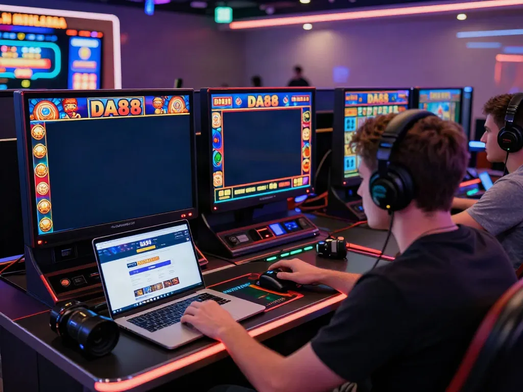 Player enjoying a thrilling slot game experience at DA88 with vibrant graphics and gaming accessories.