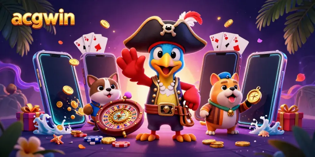 Engage with acgwin's exciting slot gaming experience showcased through vibrant 3D characters and dynamic elements.