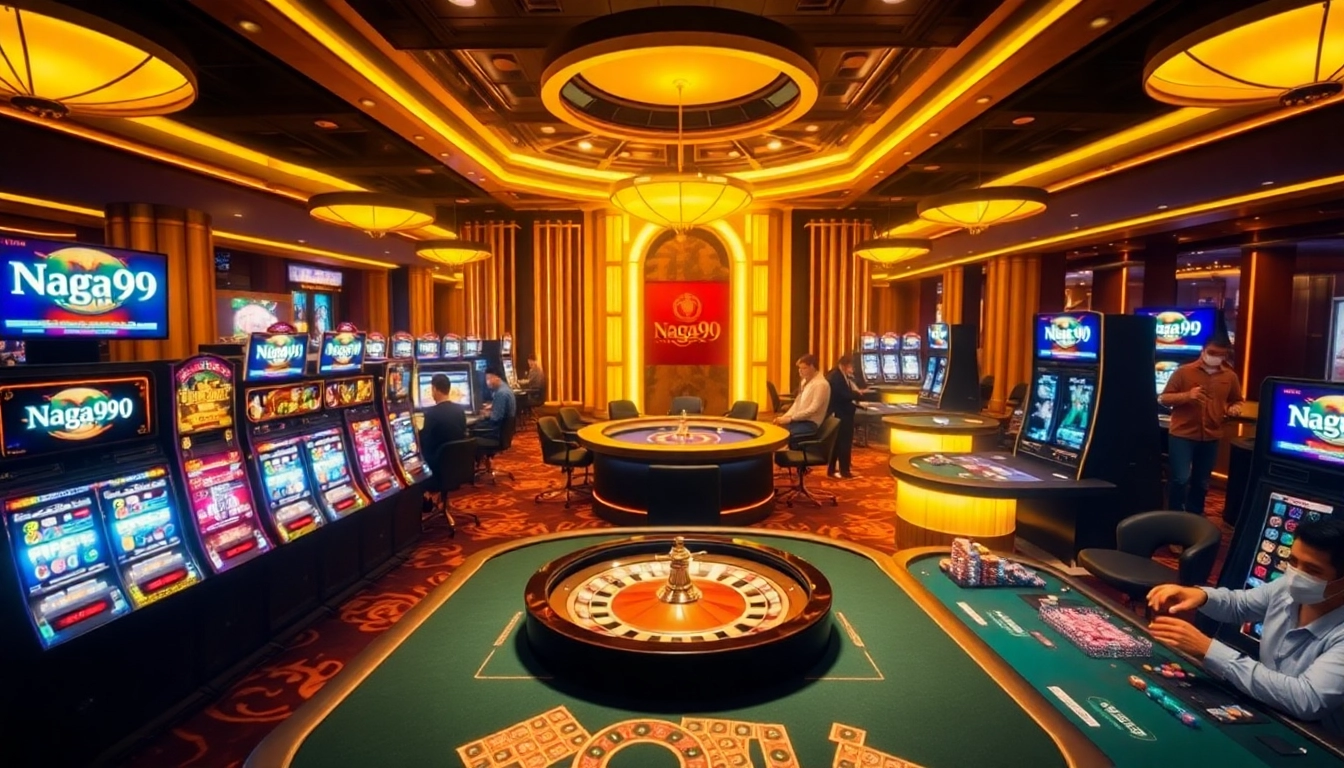 Naga99 gaming excitement with vibrant slot machines, poker tables, and roulette wheel.