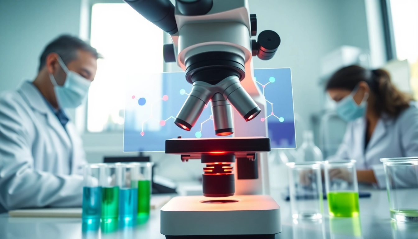 Scientists studying peptides in a bright, modern laboratory with advanced equipment.