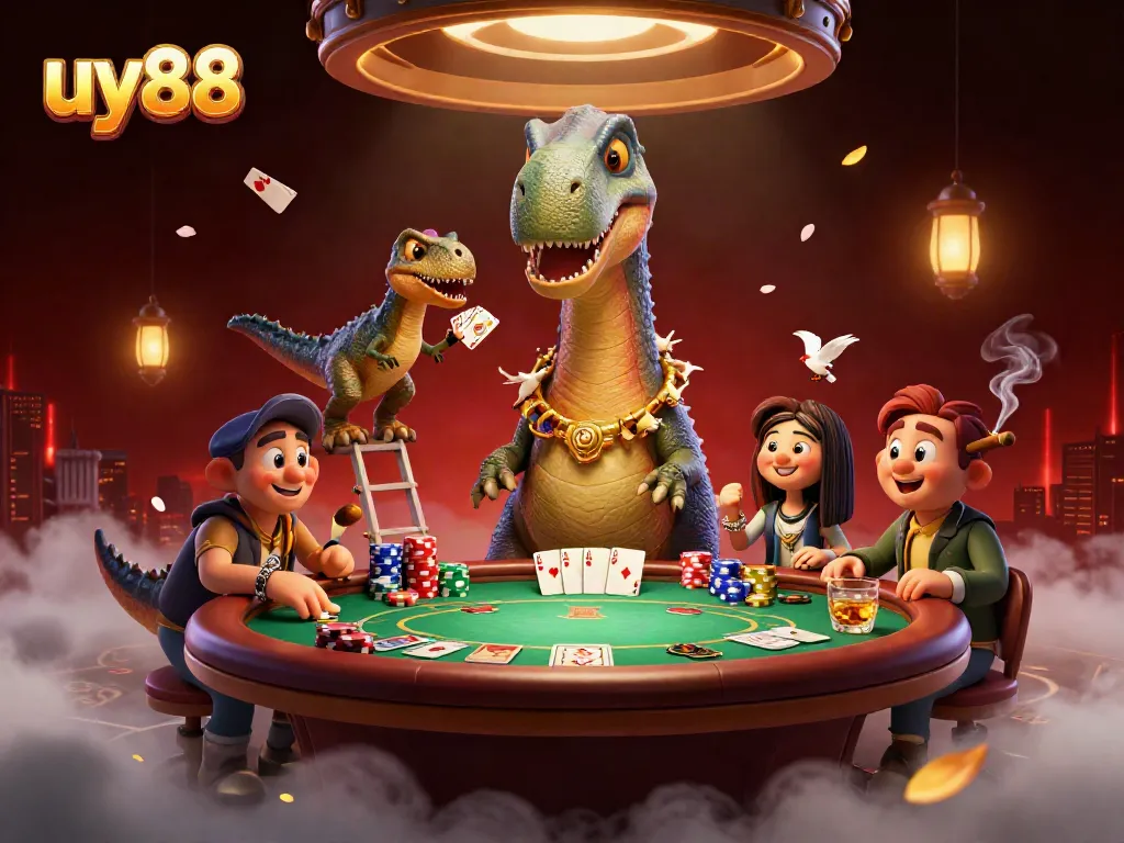 Experience thrilling gameplay at uy88 with a vibrant casino scene showcasing a giant dinosaur and clever raptor dealer.