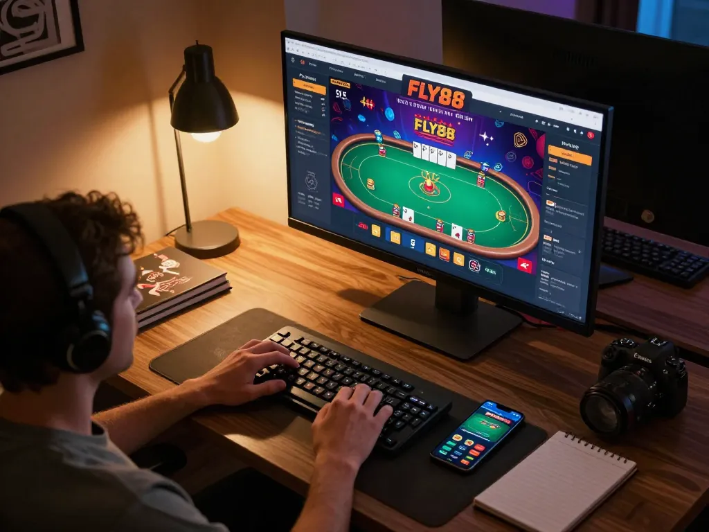 Engaging online gaming scene featuring FLY88 casino poker gameplay in a cozy and strategic setup.