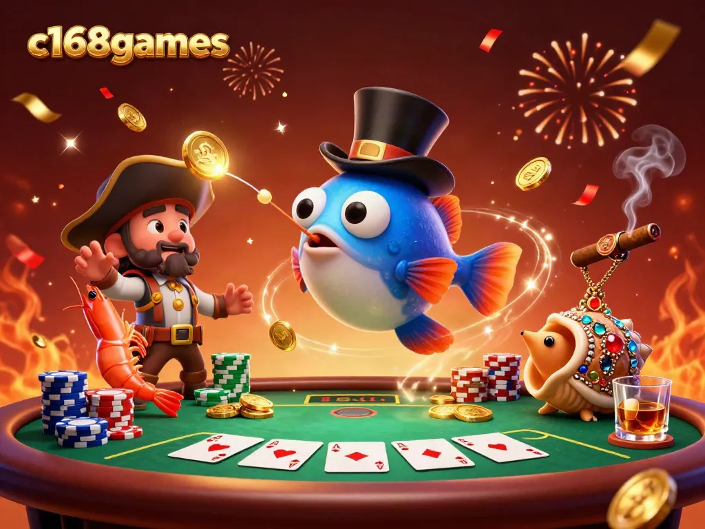 Engaging scene featuring c168games with a deep-sea anglerfish, pirate shrimp, and gem snail at a poker table.