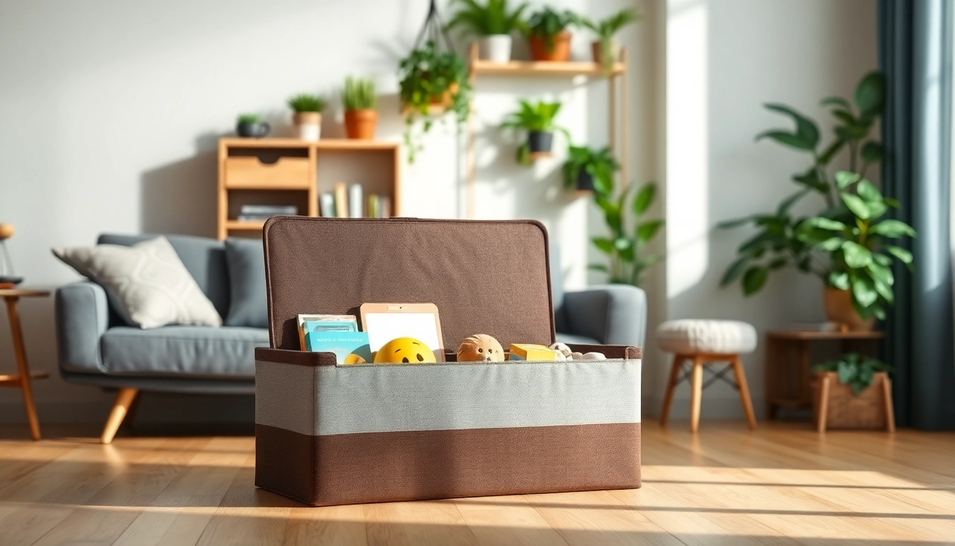 Organized storage box in a stylish living room with colorful items arranged inside.