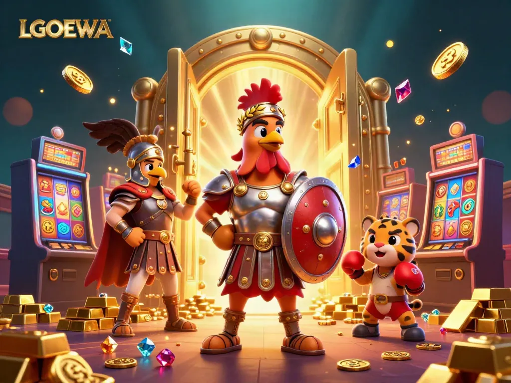 Engage with LGODEWA in a vibrant casino setting featuring a gladiator rooster and colorful slot machines.