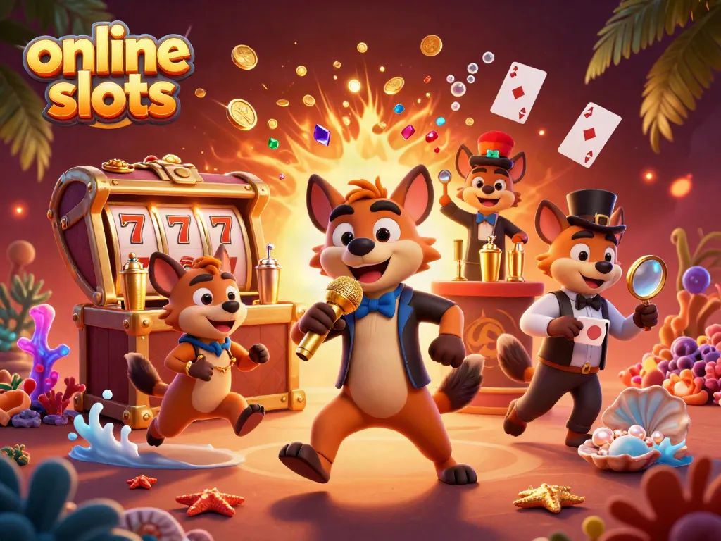 Hyenas performing in a vibrant comedy casino club scene, showcasing online slots with dynamic energy.