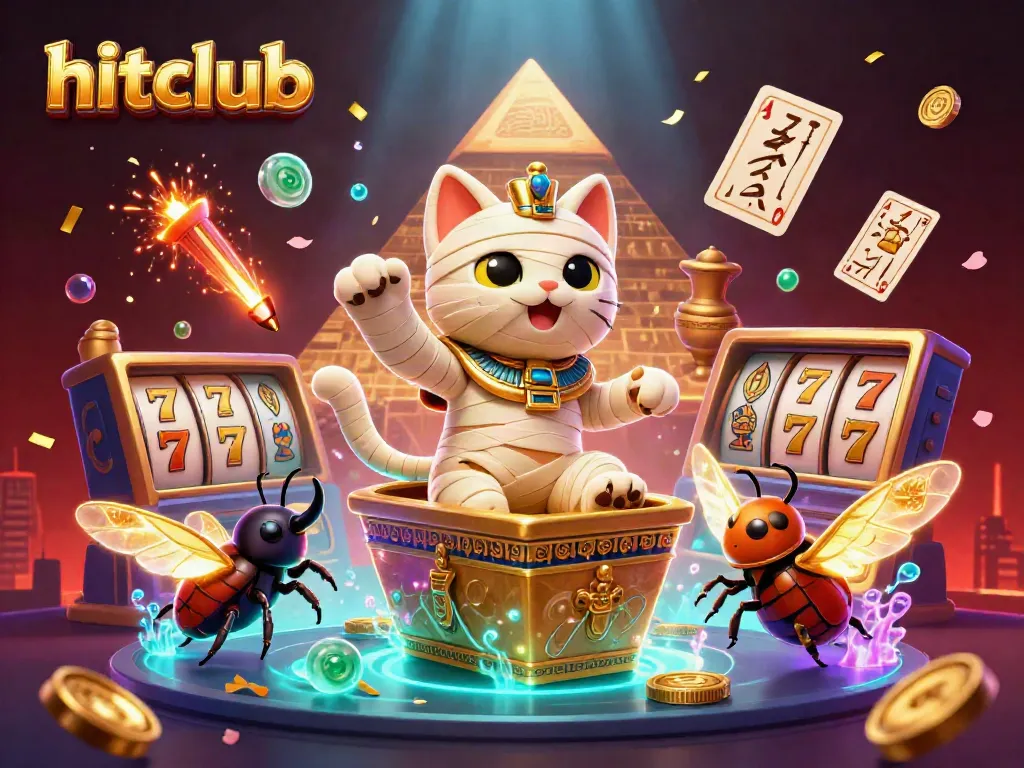Hitclub illustration showing a mummy cat and scarab beetle amid slot reels and vibrant gaming elements.