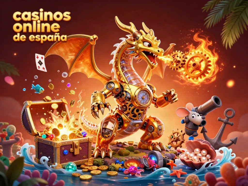 Juega en casinos en línea de España, disfruta de tragamonedas y bonos con luces brillantes y un dragón dorado.
