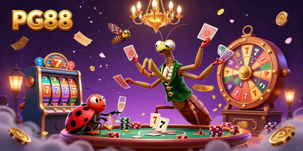 Experience thrilling PG88 casino action featuring a giant mantis and ladybug amid colorful slot reels.