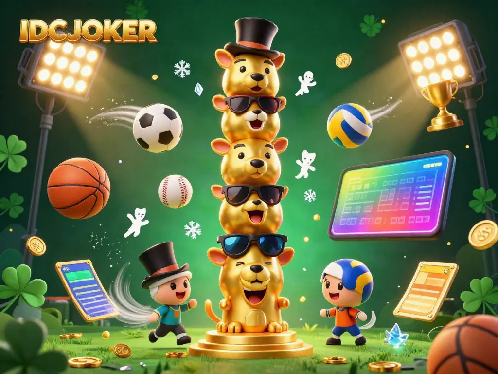 Engage with IDCJOKER's 3D illustration of animated casino totem pole with vibrant sports elements.