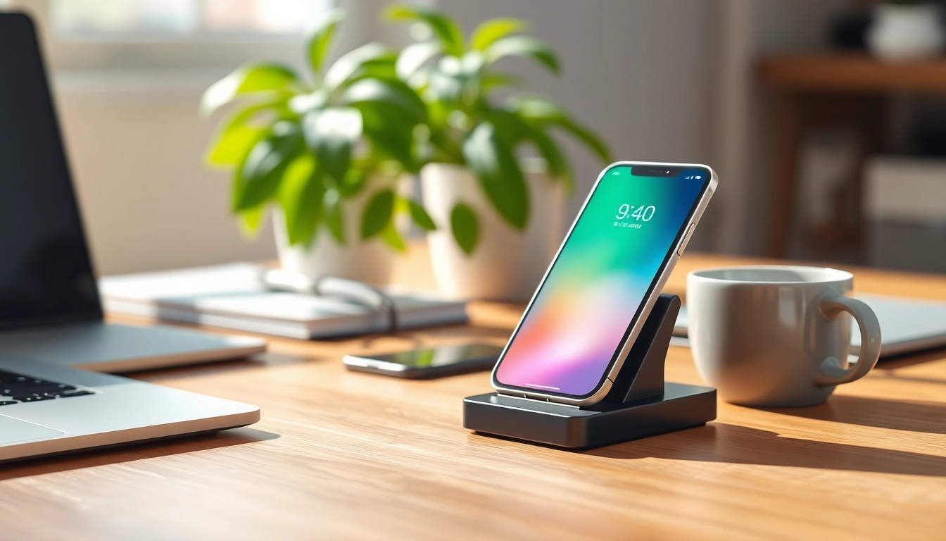 Phonelocker als moderne Smartphone-Ladestation auf elegantem Tisch mit tech-gadgets im Hintergrund