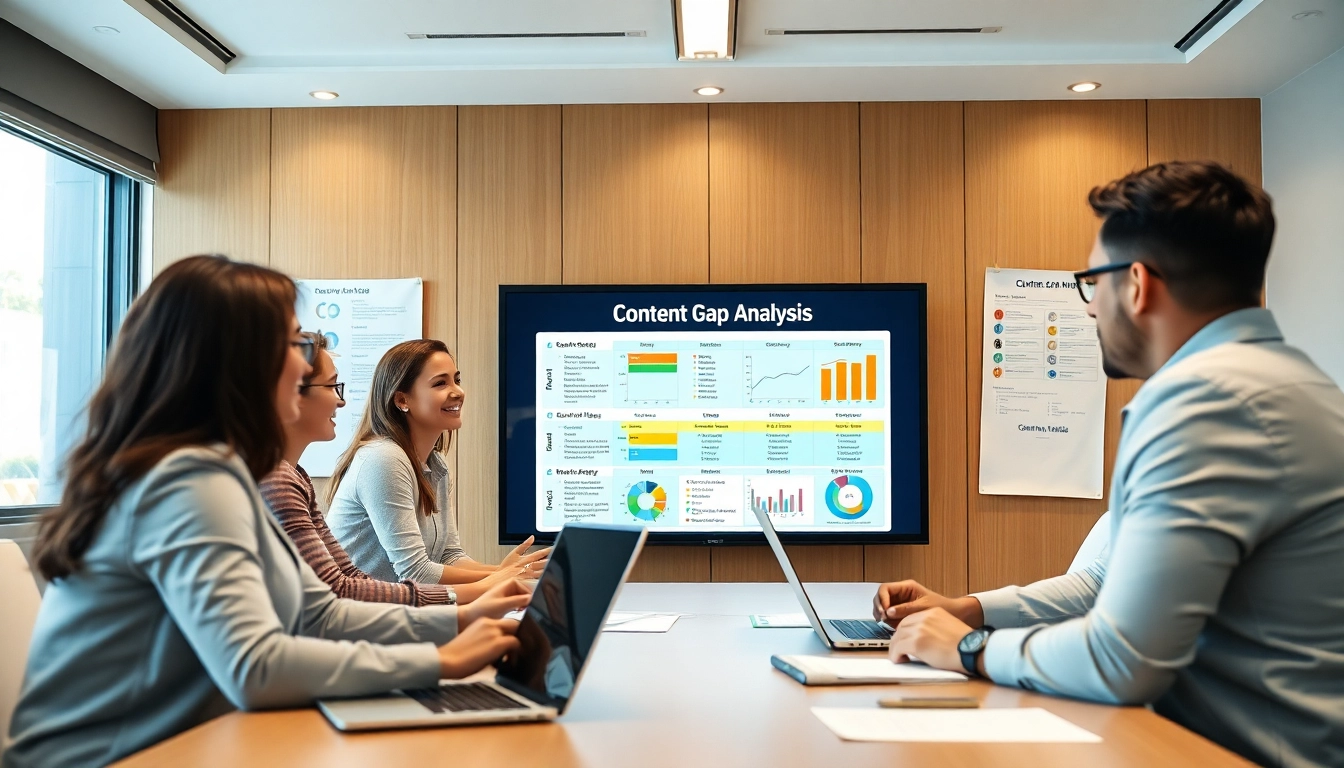 Conducting Content Gap Analysis with strategic teamwork in a bright conference setting.
