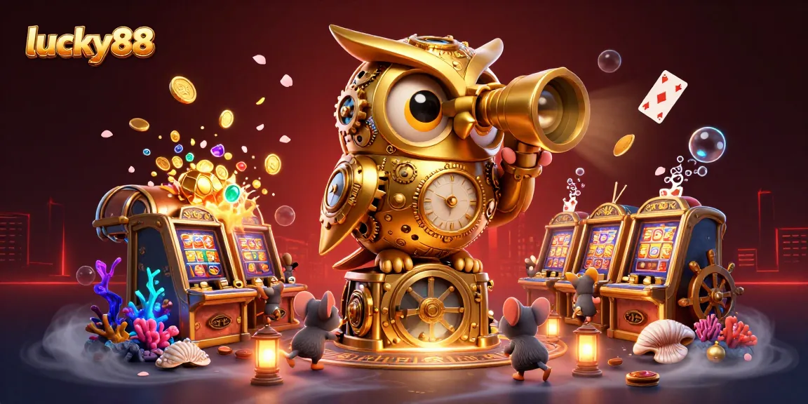 Engage with the dynamic lucky88 scene showcasing a golden owl surveying a vibrant casino floor.
