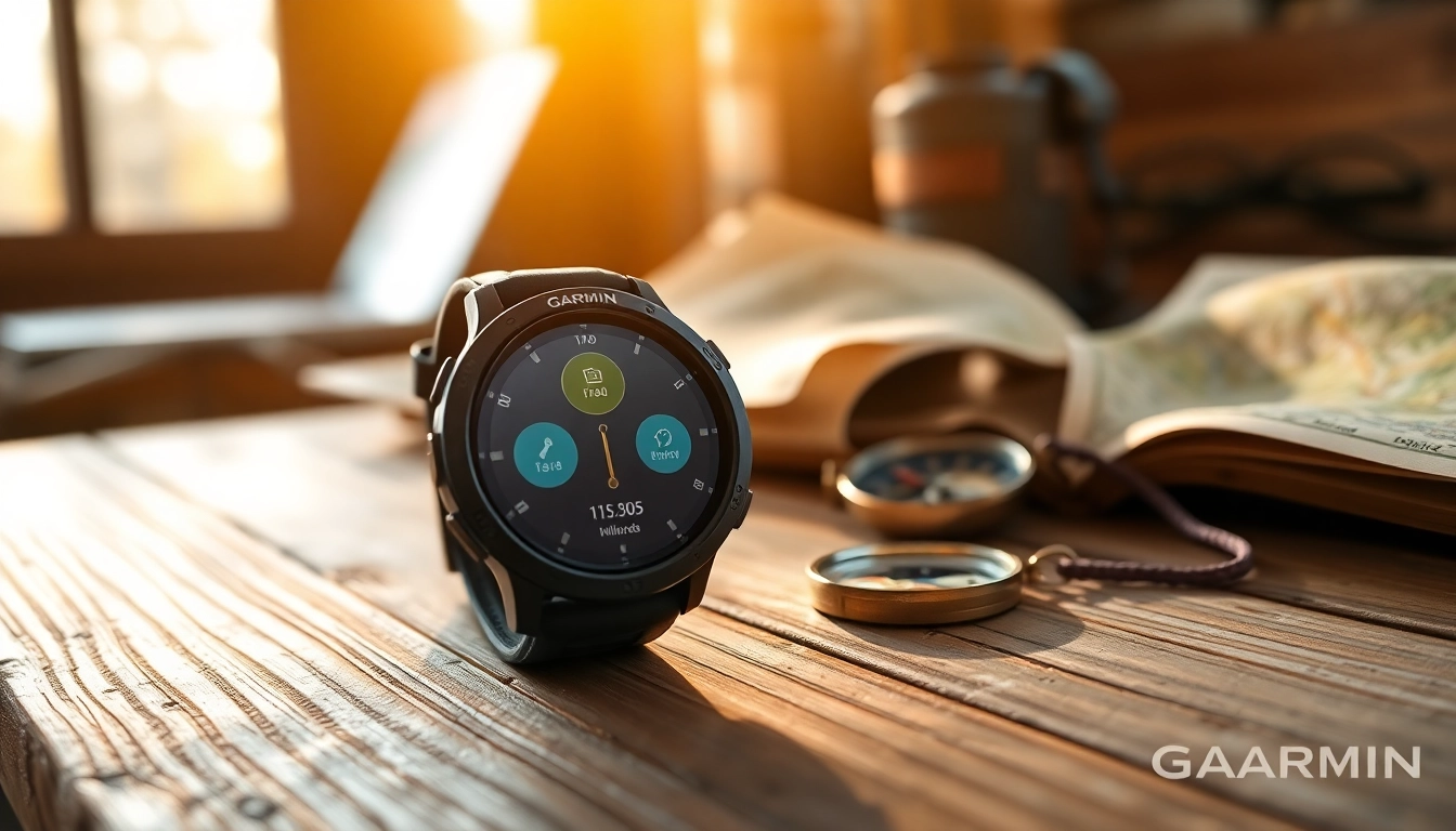 Garmin smartwatch on a wooden table with outdoor gear, showcasing fitness tracking features.