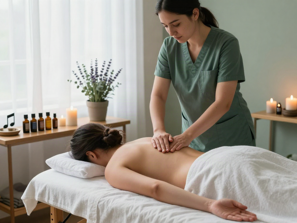 Relaxation during 성남출장안마 at peaceful massage studio, aromatherapy oils and soft lighting