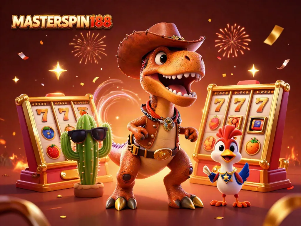 Experience the thrill of MASTERSPIN188 with T-Rex cowboy and dynamic slot action.