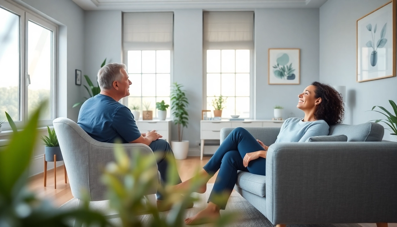 Therapist supporting a client with stress and anxiety issues in a comforting environment.