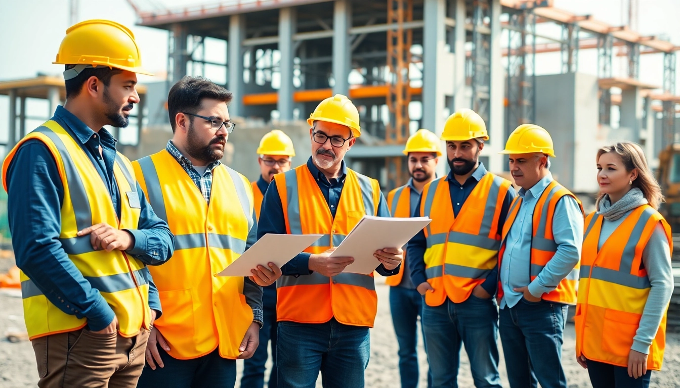 Engaged workers participating in construction safety training outdoors, emphasizing teamwork.