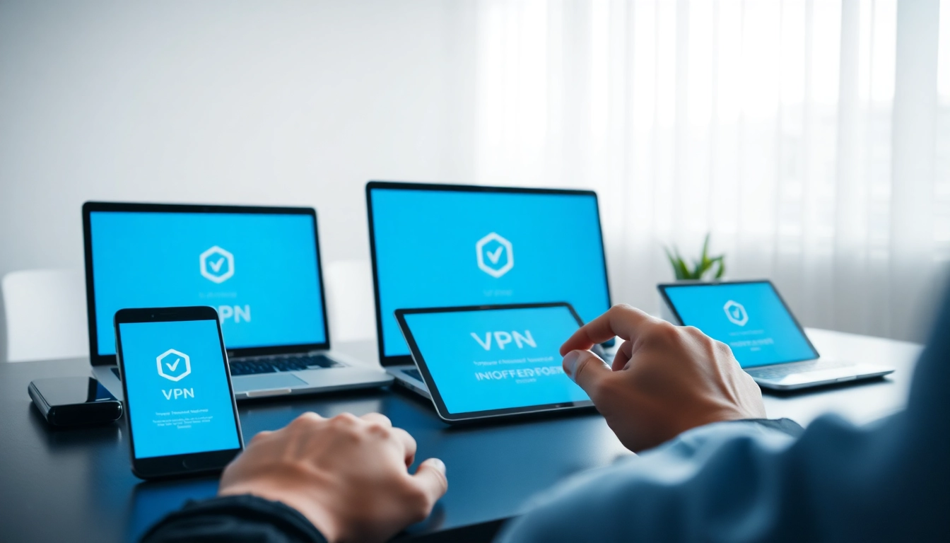 现代工作区中多设备上显示的快连 VPN 界面。
